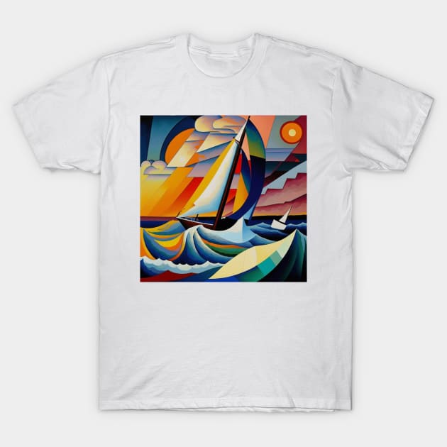 Yacht in Ocean - Abstract Art T-Shirt by ArtNouveauChic